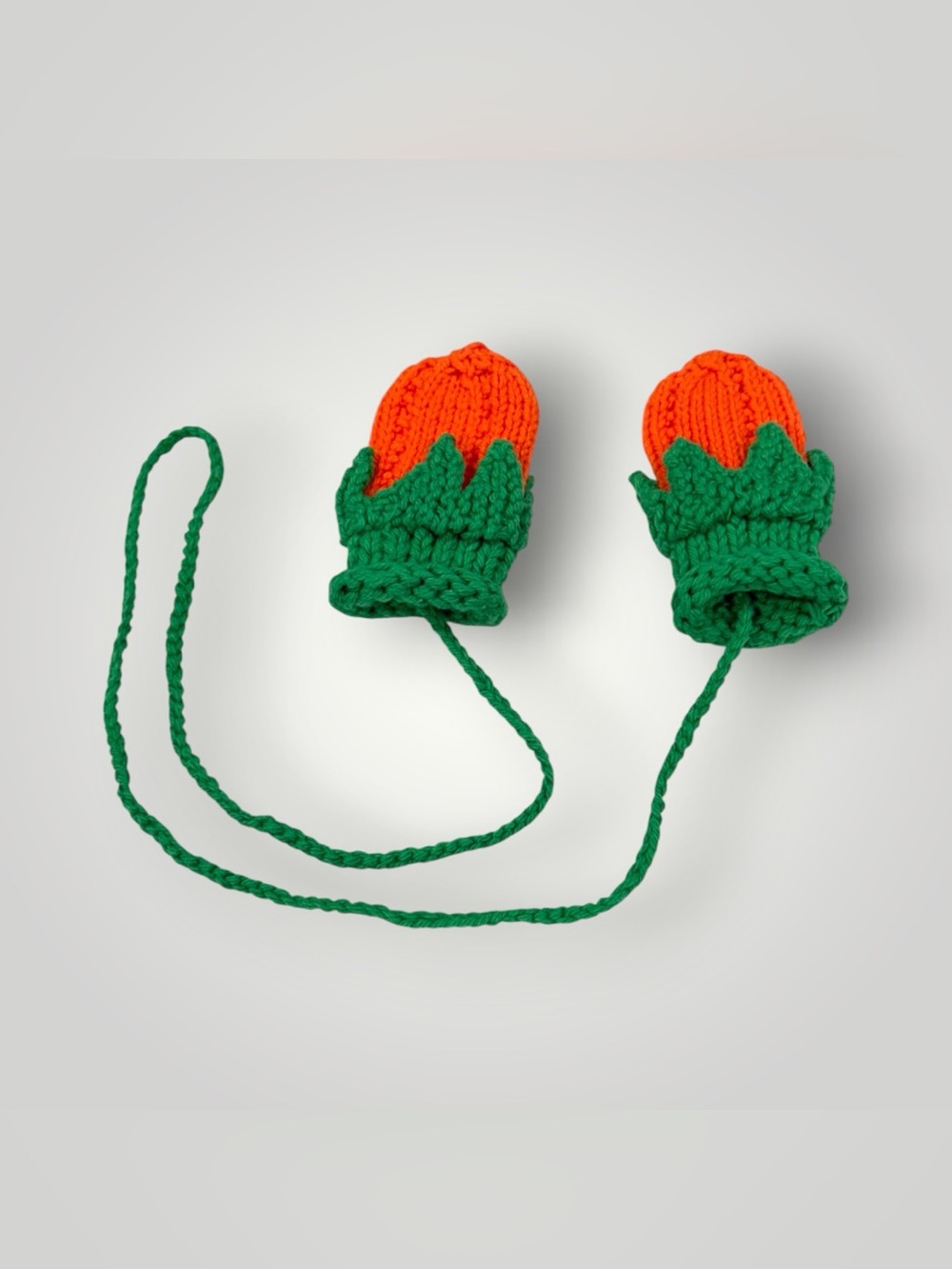 Hand-Knit Orange & Green Kids Mittens with Attached String  0-12 Months - Picture 2 of 10